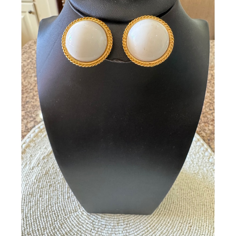 Vintage Marvella Round Clip On Earrings Gold Tone White Dome Statement
